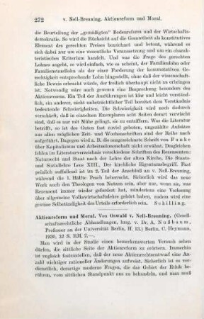 272-273 [Rezension] Nell-Breuning, Oswald von, Aktienreform und Moral
