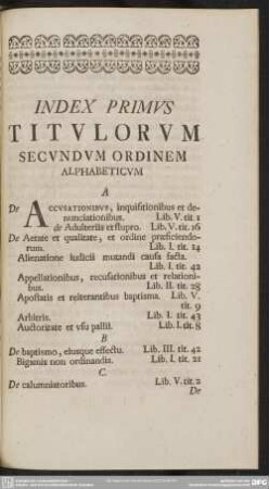 Index Primus Titulorum Secundum Ordinem Alphabeticum