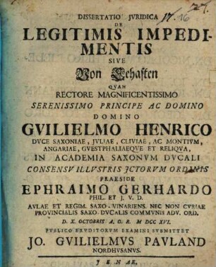 Diss. iur. de legitimis impedimentis, sive von Eehaften