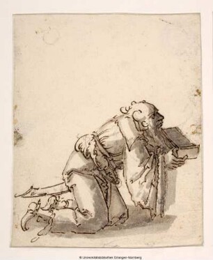 Kniender Greis (Heiliger König), nach rechts, ein Kästchen darbietend