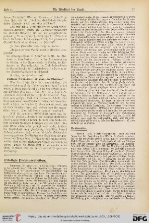 Erledigte Preisausschreiben / Denkmäler / Architektur / Aus Galerien und Museen / Aus Akademien und Kunstschulen / Stipendien und Stiftungen / Staatsankäufe etc. / Staatsaufträge etc. / Auszeichnungen und Medaillen / Todesfälle / Aus Künstler- und Kunst-Vereinen / Auktionen / Vermischtes / Literatur und Kunstblätter