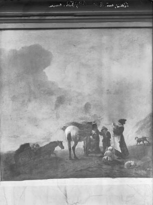 Landschaft mit Pferden, Karren und Bauern