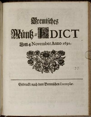 Bremisches Müntz-Edict Vom 4 November Anno 1691
