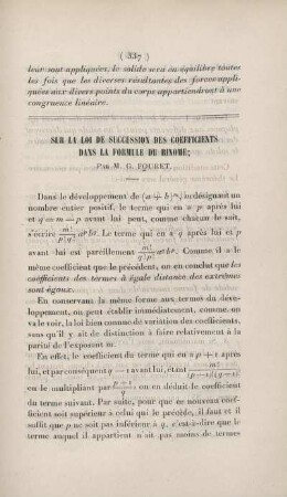 Sur la loi de succession des coefficients dans la formule du binome.