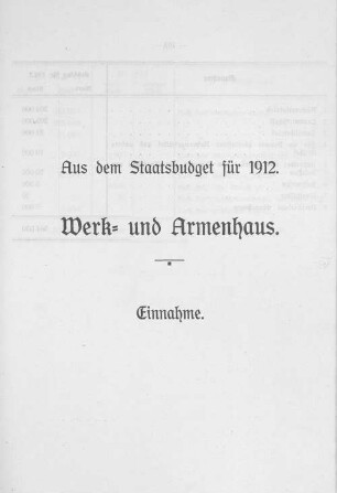 Aus dem Staatsbudget für 1912. Werk- und Armenhaus. Einnahme.