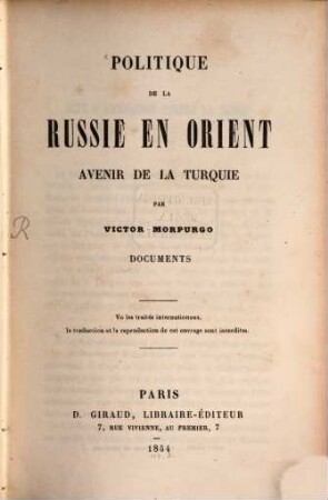 Politique de la Russie en Orient : Avenir de la Turquie. Documents