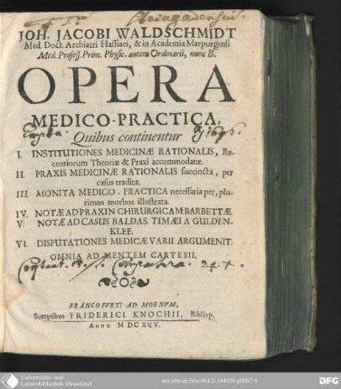 Joh. Jacobi Waldschmidt Opera medico-practica