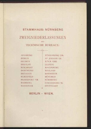 Stammhaus Nürnberg. Zweigniederlassungen und technische Bureaux
