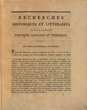 Recherches historiques et littéraires sur la langue celtique, gauloise et tudesque : pour servir de supplément au recueil d'antiquités, 1