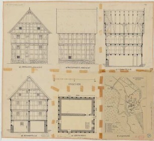 Wittigenhöfen bei Leese (Kreis Lemgo): Hof Führing. - Lageplan. - Speicher (Grundriss, Nordwestansicht, Südwestansicht, Schnitte)