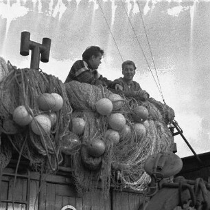 Fischereigenossenschaft Stralsund (FGS). Fischer mit Netzen auf dem Kutter "Hein Dornquast"