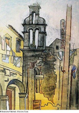 Konstruktives Ensemble mit Kirchenruine und Säulengang