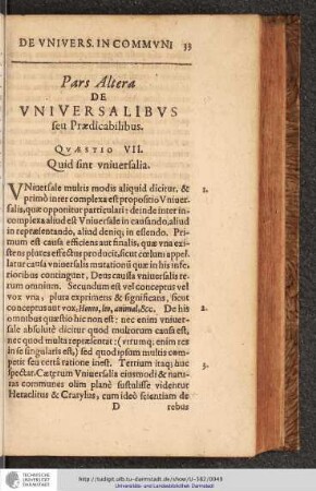 Pars Altera de Vniversalibvs seu Prædicabilibus.
