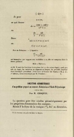 Solution géométrique d'un problème proposé au concours d'admission à l'École Polytechnique.