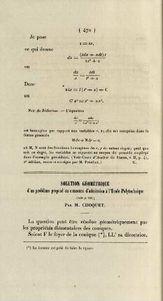 Solution géométrique d'un problème proposé au concours d'admission à l'École Polytechnique.