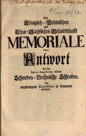Der K. Polnischen Gesandtschaft Memorial auf das Schweden-Bremische Schreiben