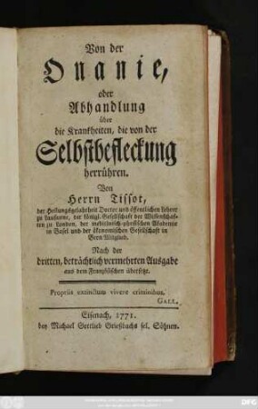 Von der Onanie, oder Abhandlung über die Krankheiten, die Krankheiten, die von der Selbstbefleckung herrühren