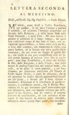 Lettera Seconda al medesimo. Illust., ed Eccell, Sig. Pad. Col., ed Padre Riverit