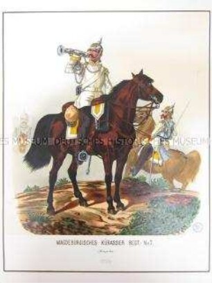 Uniformdarstellung, Trompeter und Offizier des Magdeburgischen Kürassier-Regiments No. 7 zu Pferd, Preußen, 1864. Tafel 19 aus: Schindler: Militair-Album.