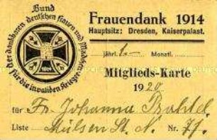 Mitgliedsausweis des Vereins Frauendank 1914