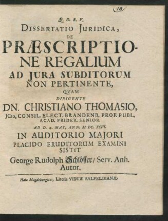 Dissertatio Iuridica, De Praescriptione Regalium Ad Iura Subditorum Non Pertinente