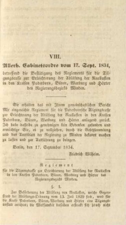 VIII. Allerh. Cabinetsordre vom 17. Sept. 1834