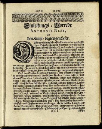 Einleitungs-Vorrede Anthonii Neri, an den Kunst-begierigen Leser.