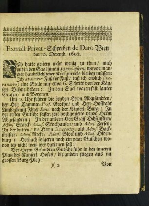 Extract Privat-Schreiben de Dato Wien den 10. Decemb. 1692.