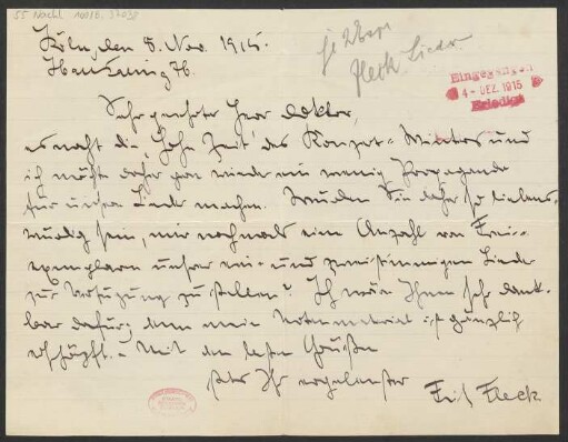 Brief an Ludwig Strecker <senior> und B. Schott's Söhne : 08.11.1915