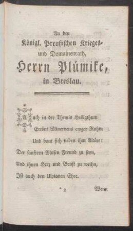 An den Königl. Preußischen Kriegs- und Domainenrath, Herrn Plümike, in Breslau