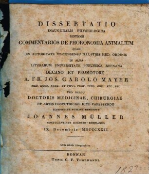 Diss. inaug. physiol. sistens commentarios de phoronomia animalium : c. tab. lith.