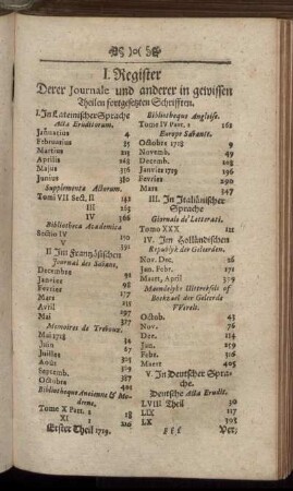 I. Register Derer Journale und anderer in gewissen Theilen fortgesetzten Schrifften.