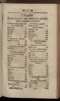 I. Register Derer Journale und anderer in gewissen Theilen fortgesetzten Schrifften.