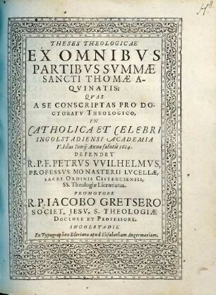 Theses theologicae ex omnibus partibus Summae Sancti Thomae Aquinatis
