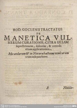TRACTATUS DE MANETICA VULNERUM CURATIONE, CITRA ULLAM...