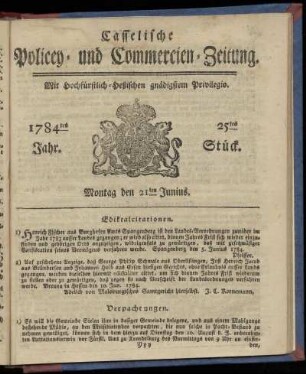 25tes Stueck, Montag den 21ten Junius. 1784