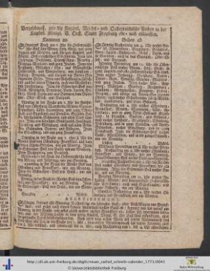 Verzeichnuß, wie die Kayserl. Reichs- und Oesterreichische Posten in der Kayerl. Königl. V. oest. Stadt Freyburg ein- und ablauffen.