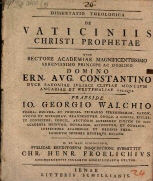 Dissertatio Theologica De Vaticiniis Christi Prophetae