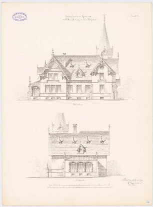 Landgut Treutler, Neu-Weißstein Landhaus: Aufriss Ostseite, Südseite, 2 Maßstabsleisten