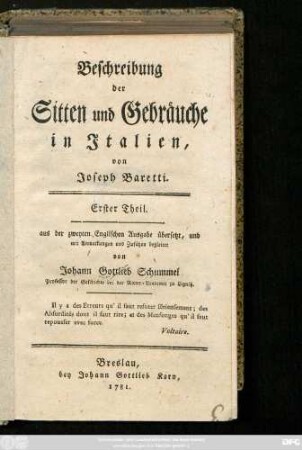 Theil 1: Beschreibung der Sitten und Gebräuche in Italien