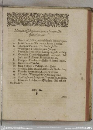 Nomina Collegarum iuxta seriem Disputationum