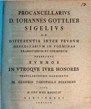 De differentia inter feudum hereditarium in foeminas transitorium et foemineum ...