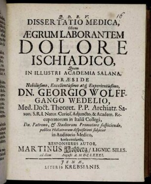 Dissertatio Medica, sistens Aegrum Laborantem Dolore Ischiadico