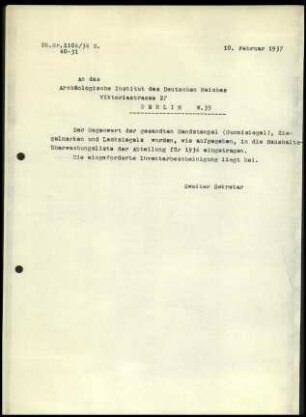 Schreiben (Abschrift); DAI Athen an AIDR (Inventarbescheinigung)