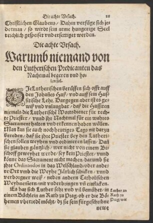 Die achte Ursach. Warumb niemand von den Lutherischen Predicanten das Nachtmal begeren und holen sol.