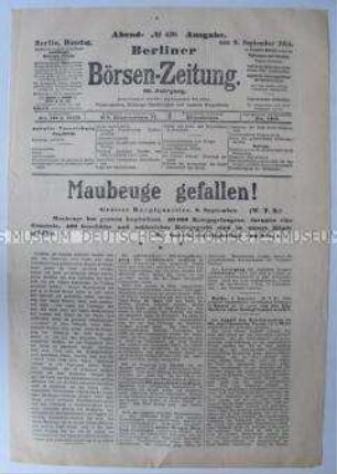 Titelblatt der "Berliner Börsen-Zeitung" zur Einnahme von Maubeuge
