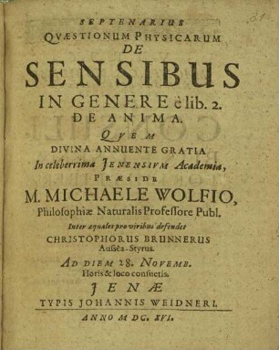 Septenarius quaestionum physicarum de sensibus in genere e lib. 2 de anima