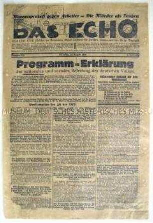 Titelblatt der regionalen KPD-Zeitung "Das Echo" mit einem Programm "zur nationalen und sozialen Befreiung" des deutschen Volkes