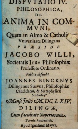 Dispvtatio IV. Philosophica, De Anima In Commvni