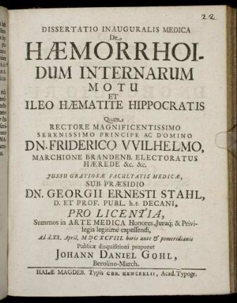 Dissertatio Inauguralis Medica De Haemorrhoidum Internarum Motu Et Ileo Haematite Hippocratis